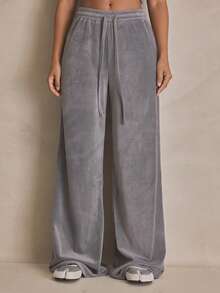 MUSERA 丝绒直筒弹力腰运动裤，夏季运动休闲日常街头风 - 灰色 - 查看 1