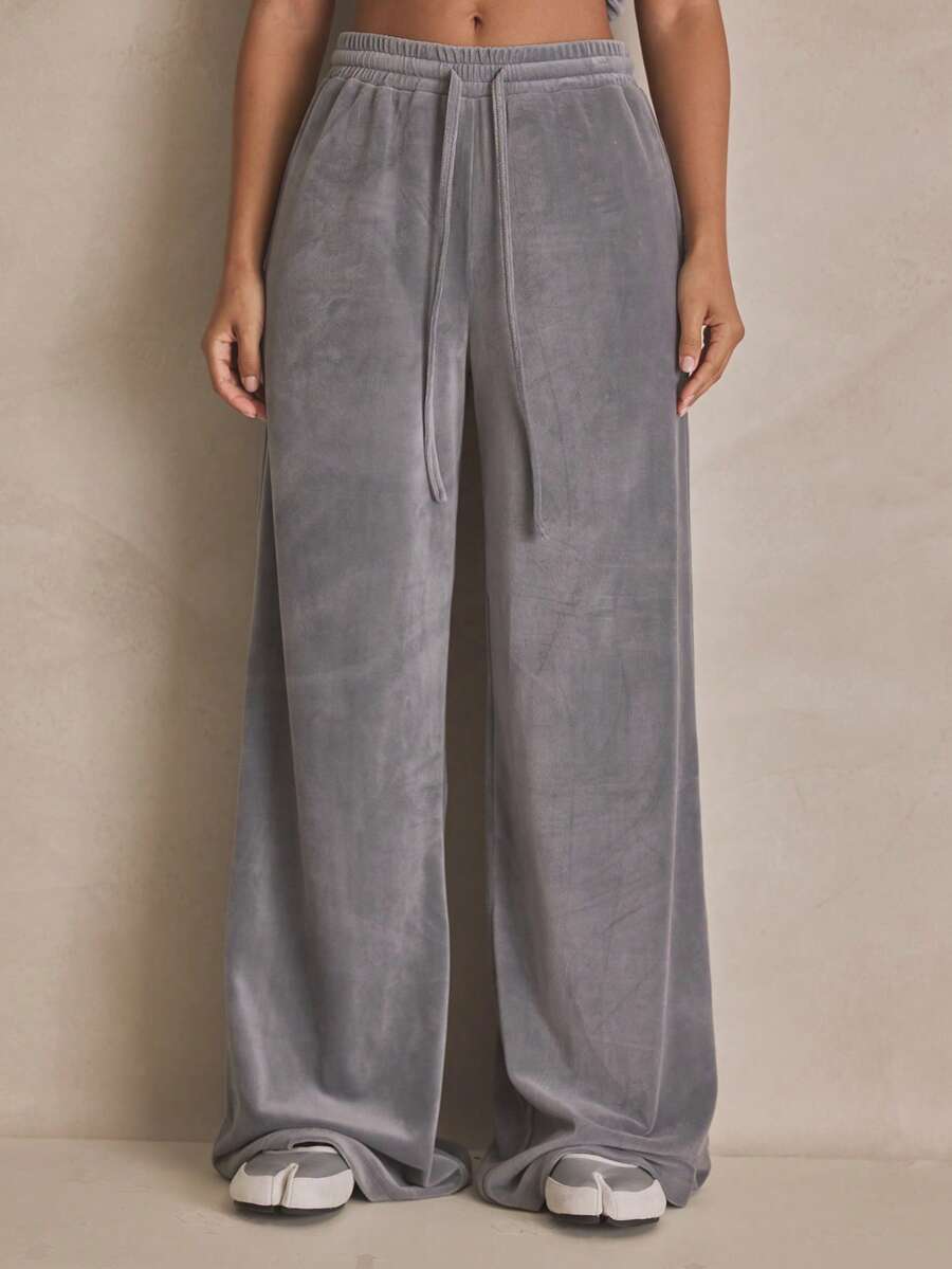 MUSERA 丝绒直筒弹力腰运动裤，夏季运动休闲日常街头风 - 灰色 - 查看 1