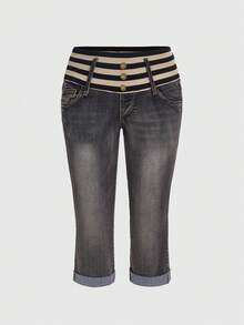 ROMWE Grunge Punk Y2K 风喇叭腰部拼接低腰女式七分牛仔裤 - 灰色 - 查看 1