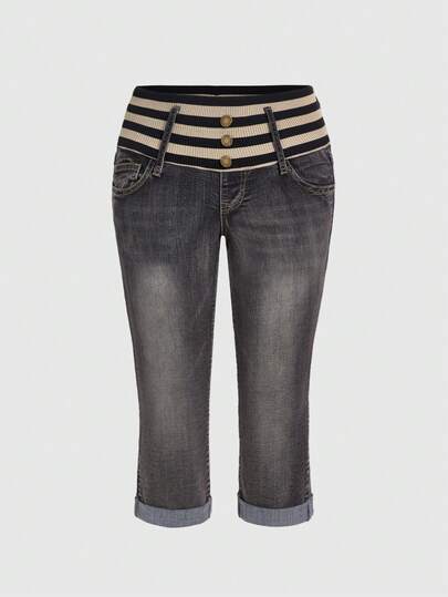 ROMWE Grunge Punk Y2K 风喇叭腰部拼接低腰女式七分牛仔裤