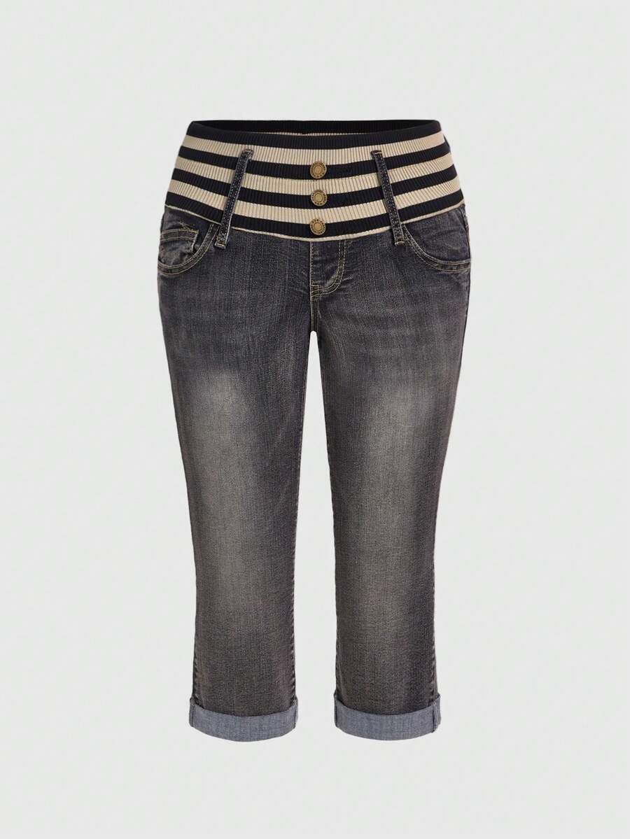 ROMWE Grunge Punk Y2K 风喇叭腰部拼接低腰女式七分牛仔裤 - 灰色 - 查看 1