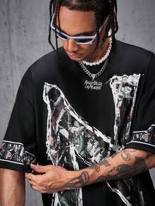 AXEPEAK 男士宽松数码印花短袖针织 T 恤 - 黑色 - 查看 2