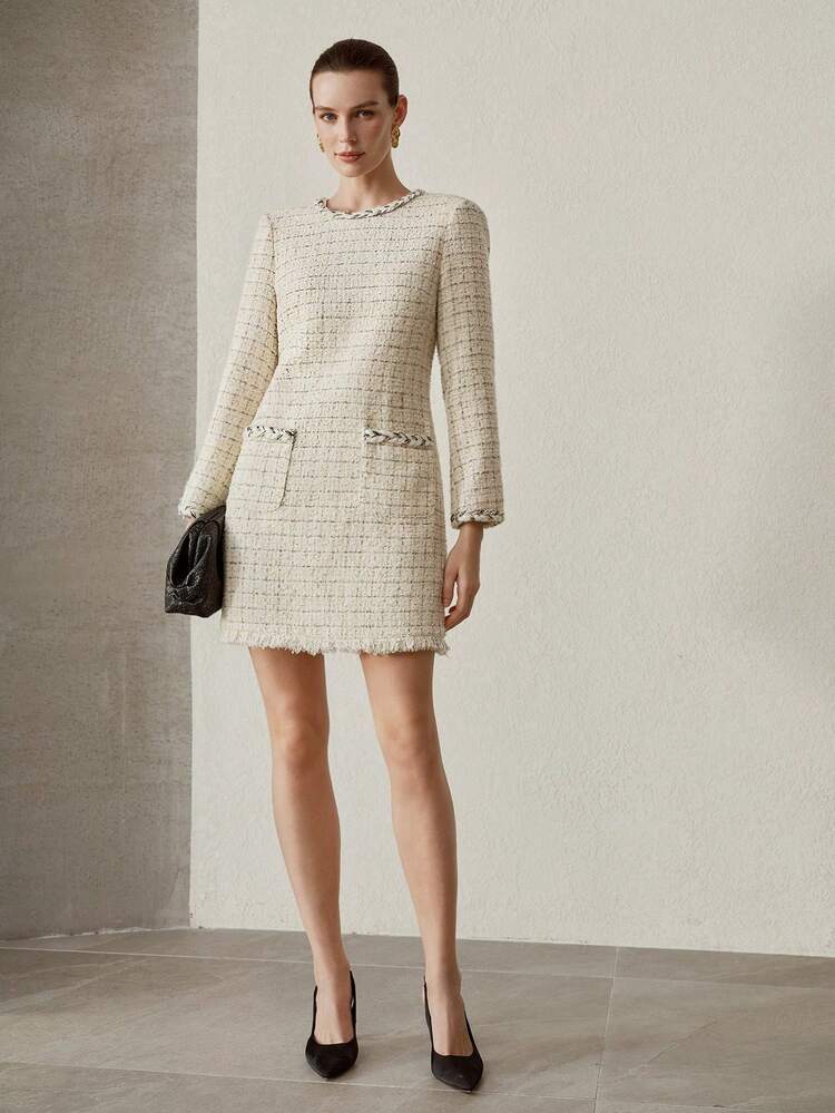 TWEED DRESS WITH RAW EDGE AND BACK ZIPPER