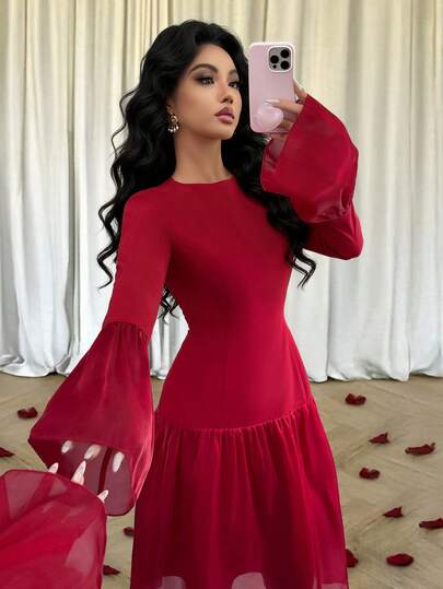 Elenzga New Autumn/Winter Holiday Season Round Neck Long Sleeve Fabric Patchwork Flare Sleeve Dress, Comfortable Luxurious Feel, Elegant Sophisticated Style, Suitable For Banquets, Parties, And Formal Public Occasions