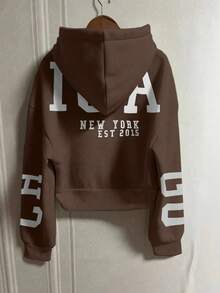 INAWLY 连帽运动衫卫衣秋冬季加厚宽松短外套七分袖上衣 - 棕色 - 查看 2