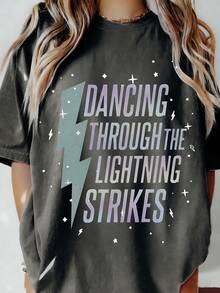 DrmWander Áo thun cỡ lớn in hình "Nhảy múa giữa những tia sét", chất liệu nhẹ, thoáng khí, cổ tròn, kiểu dáng thường ngày, có thể giặt máy. Lựa chọn hoàn hảo cho thời trang nữ mùa xuân hè 2026. - Màu xám đen - Xem 1