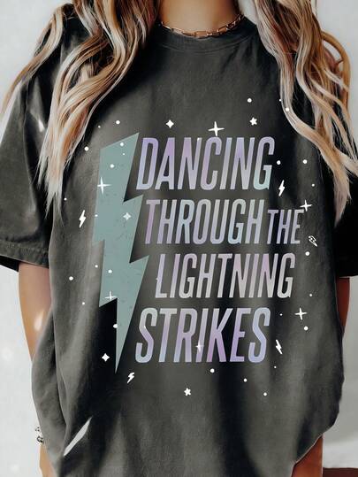 DrmWander 大码“雷霆万钧”印花T恤，轻盈透气休闲圆领上衣，可机洗，2026春夏女装时尚完美之选