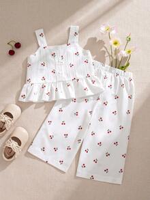 Souflis Souflis 2pcs/Set Infant & Baby Girl0-3 Years French Style Summer Outfit, Includes Ruffled Strap Vest With Cherry Print And Printed Pants, Fashionable & Cute, Suitable For Play, Home, School And Other Occasions - Multicolor - View 2