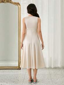 优雅奢华时尚圆领无袖高腰收腰长裙，杏色3D玫瑰花卉网纱缎面面料，少女高端舞会礼服 - 杏色 - 查看 2