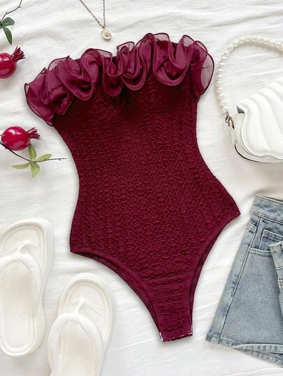 Soleia Plus Size Ruffled Bandeau Bodysuit For Women, Suitable For Spring/Summer Vacation, Party, Holiday, Date, Afternoon Tea, Music Festival, Beach, Summer Outfit, Boho, Vacation, Crochet, Linen