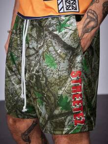 Manfinity NXTstreet Men's Tree Branch Print Drawstring Waist Loose Shorts - Army Green - View 5