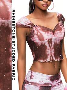 TypaGal Women's Graphic Modern Rebel Diamond Ruched Lettuce Hem Cropped T-Shirt,Brown And White,Summer,Trashy Y2k,Club Night Valentine's Day - Pink - View 5