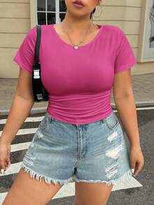 SHEIN EZwear Plus Size Waist Ruched Elastic T-Shirt, Summer Tops Basic Top Cinched Waist Top Ruched Top - Hot Pink - View 5
