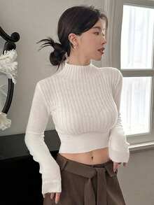 Dazy Star 女式纯色立领长袖修身毛衣，适合秋冬季短款女式上衣 - 白色 - 查看 6