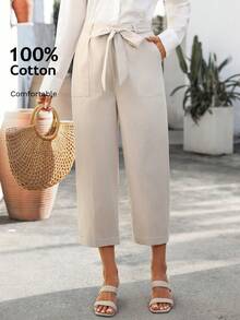 EMERY ROSE 女士休闲日常通勤简约纯色斜插口袋系带宽松直筒七分裤 - 卡其色 - 查看 1