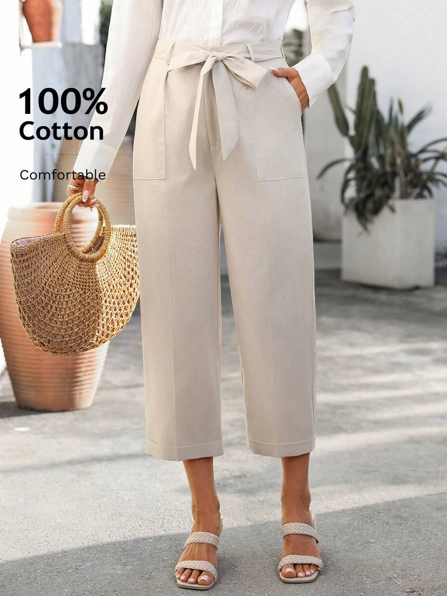 EMERY ROSE 女士休闲日常通勤简约纯色斜插口袋系带宽松直筒七分裤 - 卡其色 - 查看 1