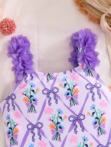 SHEIN Emery Rose Kids 少女度假蝴蝶印花3D花卉装饰时尚连体泳衣 - 紫色 - 查看 7