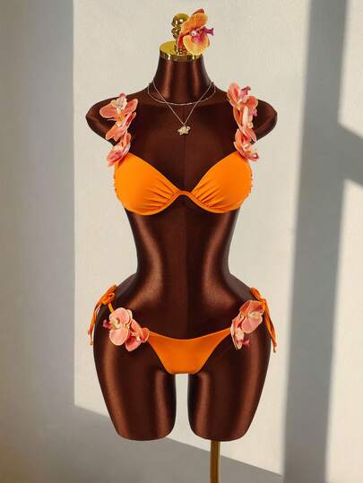 Amplova Women's 3D Orchid Flower Swimsuit, Sexy & Avant-Garde, Suitable For Spring/Summer Swimwear, Beach, Vacation, Date, Party, Sexy Bikini Set