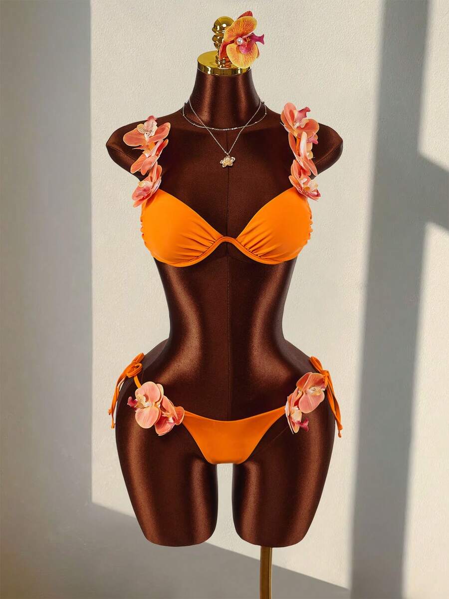 Amplova Women's 3D Orchid Flower Swimsuit, Sexy & Avant-Garde, Suitable For Spring/Summer Swimwear, Beach, Vacation, Date, Party, Sexy Bikini Set - Orange - View 1