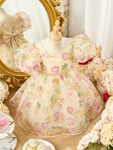 Đầm công chúa thanh lịch dễ thương cho bé gái, tay ngắn, phối lưới, thích hợp dự tiệc. - Màu be - Xem 9