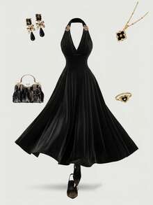 SHEIN MOD 大码女式金属 3D 花卉褶饰胸围中长连衣裙、西装款式、优雅连衣裙、派对连衣裙、性感连衣裙、派对礼服、休闲连衣裙、复古连衣裙、生日连衣裙、乡村音乐会服装 - 黑色 - 查看 1