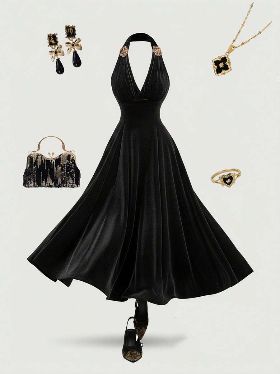 SHEIN MOD 大码女式金属 3D 花卉褶饰胸围中长连衣裙、西装款式、优雅连衣裙、派对连衣裙、性感连衣裙、派对礼服、休闲连衣裙、复古连衣裙、生日连衣裙、乡村音乐会服装 - 黑色 - 查看 1