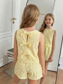 SHEIN 2件套 少女休闲纯色黄色蝴蝶结露背吊带背心和短裤套装