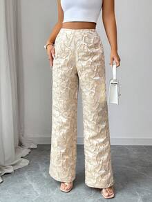 SHEIN Elenzya Quần ống loe jacquard không co giãn, thanh lịch dành cho nữ, thích hợp mặc hàng ngày. - Màu be - Xem 6