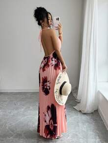 SHEIN Elenzya 女士宽松褶皱印花无袖长款连衣裙，优雅设计，适合休闲、度假、通勤、春夏穿着 - 彩色 - 查看 4