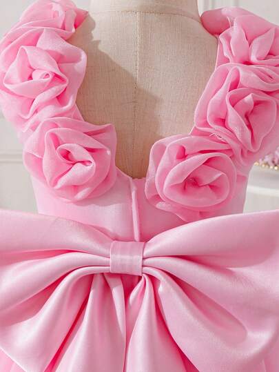 Glamorique Kids Baby Girls' Burgundy Satin Mesh High-End Formal Dress With 3D Flower, Big Bow Back, Puffy Skirt, Suitable For Christmas, Halloween, Baby Birthday Party, Sleeveless Jumper Dress For Celebration, Banquet, Party