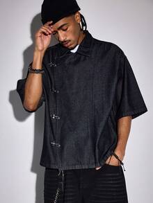 ROMWE MEN Street Life Men's Dropped Shoulder Short Sleeve Casual Loose Asymmetrical Hem Top - Blue - View 4