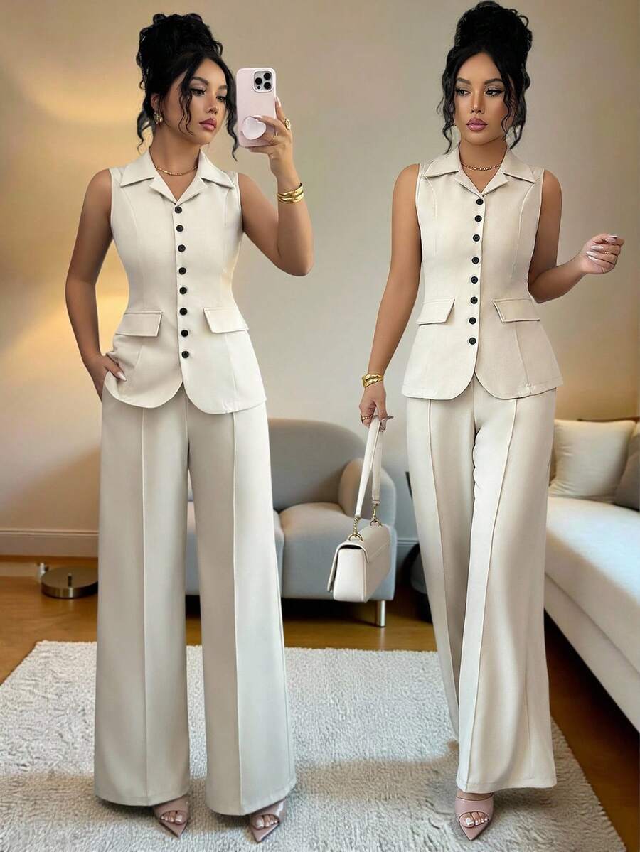 Elenzga 女士优雅两件套，杏色V领外套，黑色撞色纽扣，假口袋设计，教师制服风格，优雅职业装，秋季新品，必备时尚高端优雅收腰上衣搭配宽松直筒裤两件套，全新春秋系列，女士圣诞派对装扮，新年装扮 - 杏色 - 查看 1