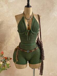 Soleia Women's Vacation Knit Textured Fabric Halter Mini Jumpsuit, Sexy Party Date Beach Holiday Summer Outfit, Suitable For Holiday Date, Afternoon Tea, Wedding Season, Beach Cruise Vacation, City Road Trip Vacation, Boho Vacation, Music Festival