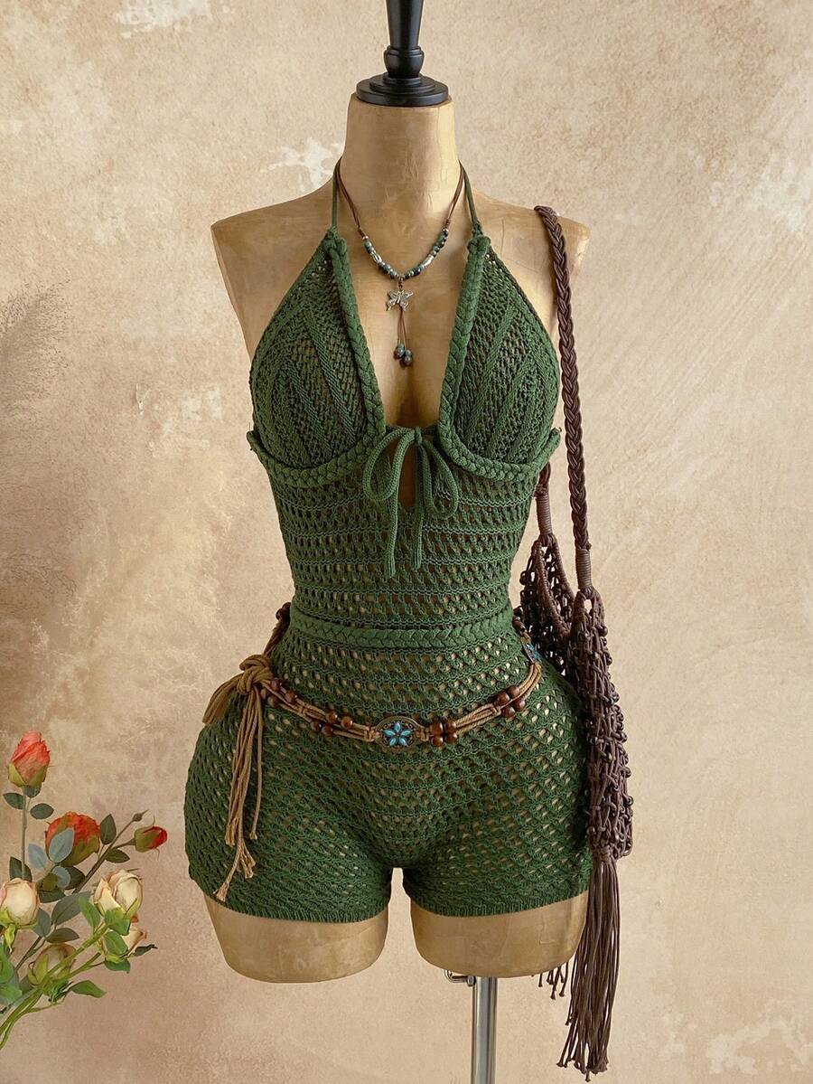 Soleia Women's Vacation Knit Textured Fabric Halter Mini Jumpsuit, Sexy Party Date Beach Holiday Summer Outfit, Suitable For Holiday Date, Afternoon Tea, Wedding Season, Beach Cruise Vacation, City Road Trip Vacation, Boho Vacation, Music Festival