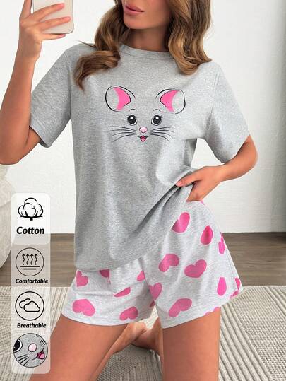 EURMUSE Cotton Line Women Cute Mouse Pattern Round Neck Short Sleeve Top& Heart Printed Short 2Pcs Comfy Pajama Set