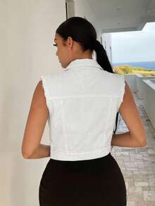 SHEIN SXY 女士纯色无袖时尚前扣牛仔外套 - 白色 - 查看 2