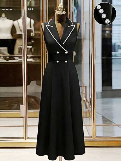 Franclia 女士休闲优雅黑色商务连衣裙，西装领，无袖设计，珍珠装饰，通勤连衣裙，适合日常穿着/晚餐/约会/办公室着装/教师穿着。