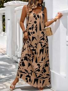 Linhara CURVE Đầm kiểu Pháp màu trơn viền ren dành cho nữ cỡ lớn, thích hợp đi nghỉ mát. - màu nâu - Xem 4