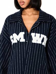 SUMWON WOMEN Áo khoác bomber dáng rộng kẻ sọc với logo in phía trước và khóa kéo, thích hợp cho mùa thu đông. - màu đen - Xem 4