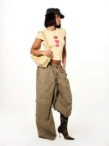 SUMWON WOMEN Cropped Short Sleeve Graphic Baby Tee With Kiss Print Design Round Neckline Cotton Jersey Feminine Fitted Top - Yellow - View 7