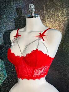 MidnightGlam Valentine's Day Metal Decor Chain Romantic Lace Underwire Bra, Lingerie For Women,Sexy,Valentine's Day,Wedding - Red - View 3