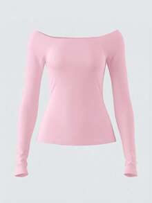 SHEIN BASICS 1 chiếc áo kiểu nữ tay dài trễ vai, màu trơn, dáng ôm vừa vặn - Hồng - Xem 3