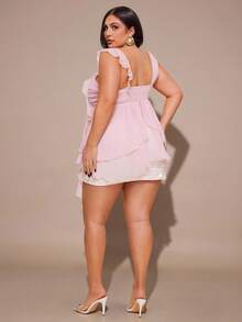 SHEIN BAE 大码女式不对称荷叶边下摆上衣，粉色，情人节性感款 - 粉色 - 查看 3