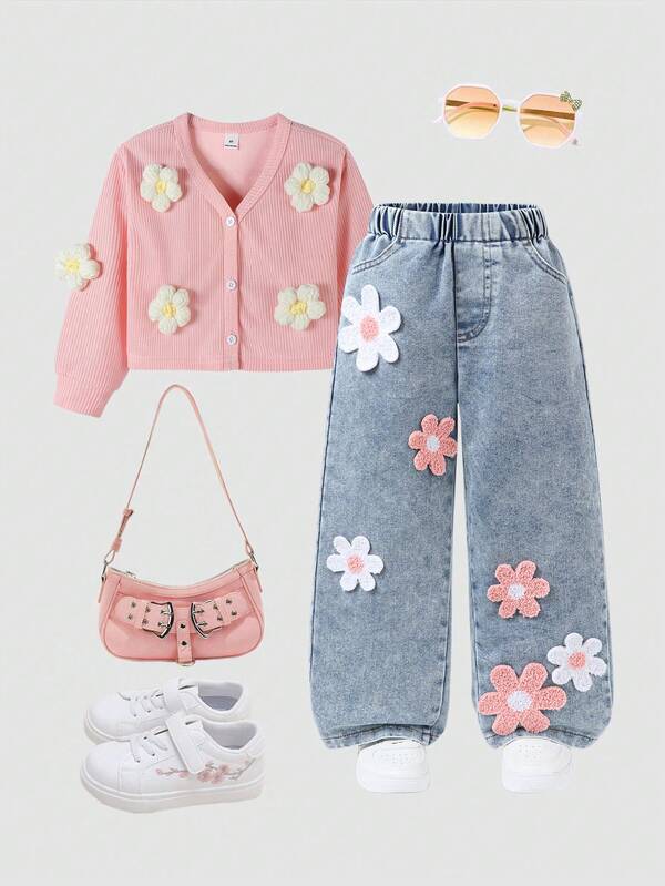 SHEIN 2pcs/Set Girls Young Knit Cardigan Jacket And Wide Leg Jeans Pants Outfit, Spring 2025 New Korean Fashion, Suitable For School, Vacation, Travel, Outdoor Activities, Back To School