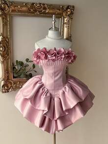 Lovelzi Women's Strapless Floral Tassel Asymmetrical Ruffle Hem Elegant Chic Party Cocktail Dress - Baby Pink - View 5