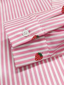 Resyla 女士上衣，草莓条纹全印花图案，清新轻盈设计，ins风衬衫，宽松长袖休闲两穿女式衬衫，送给闺蜜/女友的礼物，秋冬毕业季，返校穿搭，毕业季，女教师装，返校套头衫秋季套装 - 粉色 - 查看 3