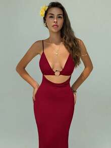 Aloruh Đầm maxi cổ yếm tối giản màu trơn dành cho nữ, thích hợp mặc hàng ngày. - Màu Đỏ Sâu - Xem 5