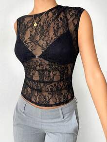 Aloruh Black Lace Asymmetric Neck Sheer Top, Music Festival Party Blouse, Summer Women Clothing, Easter/Concert Music Festival Holiday - Black - View 4