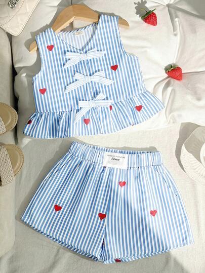 SHEIN Young Girl Casual Strawberry Print Tie Bow Ruffle Hem Sleeveless Top And Shorts Set, Comfortable & Minimalist