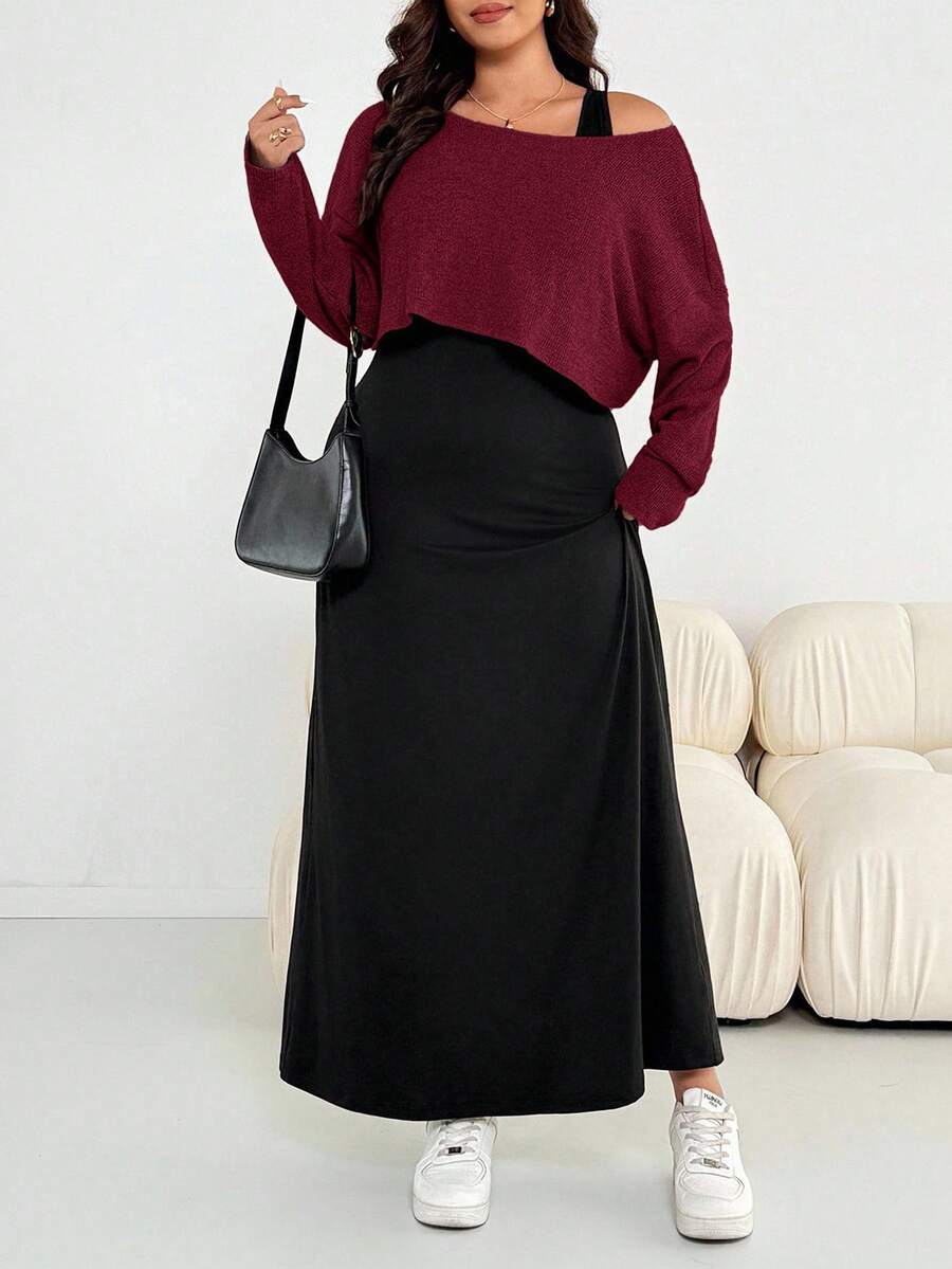 SHEIN Essnce 大码女装秋冬时尚休闲宽松舒适日常灰色长袖露脐上衣和黑色马甲长裙两件套，秋季服装，机场穿搭 - 酒紅色 - 查看 1